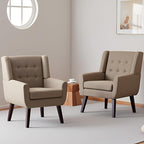 HUIMO Living Room Accent Chair Set of 2, Upholstered Button Tufted Armchair with Wooden Legs, Linen Fabric Sofa Chairs for Bedroom, Living Room, Mid-Century Modern Comfy Reading Chair (2 PCS, Brown)