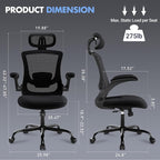 Ergonomic Office Chair with Adjustable Lumbar Support & Headrest – High Back Mesh Desk Chair with Flip-Up Armrests, Swivel Rolling Computer Chair for Home Office, Breathable & BIFMA Certified, Black