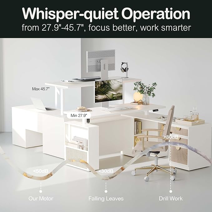 63" Standing Desk with File Cabinet, Privacy Panel, AC/USB, 1.18" Desktop, Executive L Shaped Height Adjustable Desk, Electric Stand Up Table with 3 Drawers, White Rattan