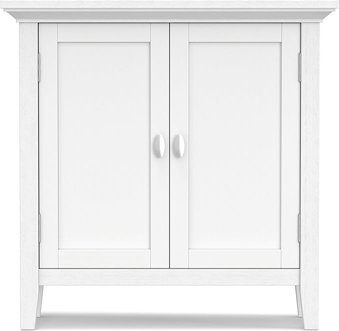 SIMPLIHOME Redmond SOLID WOOD 32 inch Wide Transitional Low Storage Cabinet in White for the Living Room, Entryway and Family Room