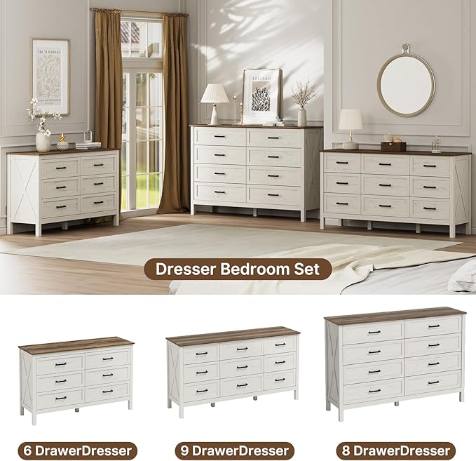 LYNSOM Farmhouse 9 Drawers Dresser for Bedroom, 55" Wide Wood Rustic Chest of Drawers with Natural Texture, Metal Handle, Storage Dressers Organizer for Entryway, Hallway, Antique White