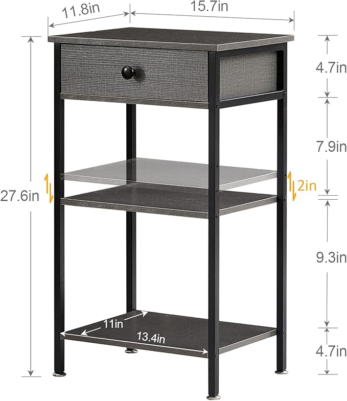 VECELO Tall End Side Table,Nightstand with Adjustable Shelf and Bin Drawer for Living Room/Bedroom/Entryway Small Spaces