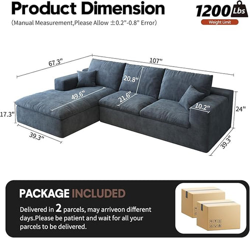 107'' L-Shaped Modern Modular Sectional Cloud Couch, 4-Seat Chenille Deep-Seat Sofa with Pillow for Living Room, Bedroom, Apartment, Ocean Blue
