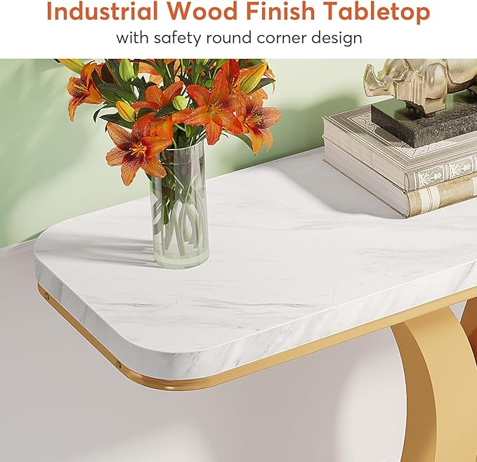 Tribesigns Modern Gold Console Table, 40 inch Narrow Entryway Foyer Table with Geometric Base, Rustic Hallway Accent Table for Living Room, Entrance, White and Gold