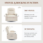 Oversized Swivel Rocker Recliner Sofa Chair with Heat and Massage, Large Big Recliner for Living Room,360 Degree Swivel Rocking Single Sofa with Cup Holders and USB Port(Fabric, Light Beige)