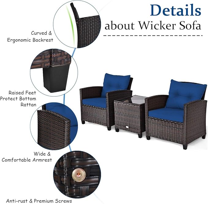 Tangkula 3 Pieces Patio Furniture Set, PE Rattan Wicker 3 Pcs Outdoor Sofa Set w/Washable Cushion and Tempered Glass Tabletop, Conversation Furniture for Garden Poolside Balcony (Blue)
