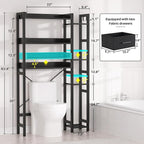 Over The Toilet Storage with 2 Drawers - 7 Tier Bathroom Organizer with Adjustable Shelf, Freestanding Space Saver Storage Rack Above Toilet Stand with 4 Hooks for Restroom, Laundry, Black