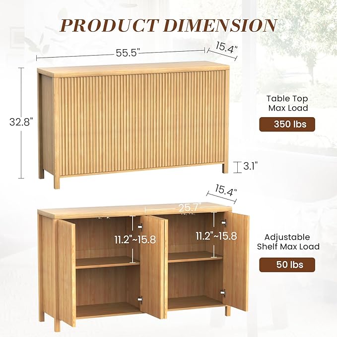 YOUDENOVA Fluted Buffet Cabinet with Storage, Modern Sideboard Cabinets with 4 Doors & Adjustable Shelves, Accent 56” Credenza Storage Cabinet, Wood Entryway Cabinet for Living Room Hallway, Natural