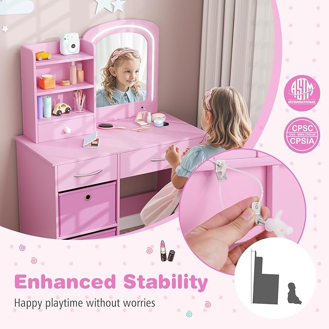 GLACER Kids Vanity Table and Chair Set, Princess Makeup Vanity Desk with 5 Drawers, Open Shelves, Mirror, 2-Color LED Lights, Wooden Toddler Vanity, Pretend Play Vanity Set for Little Girls (Pink)