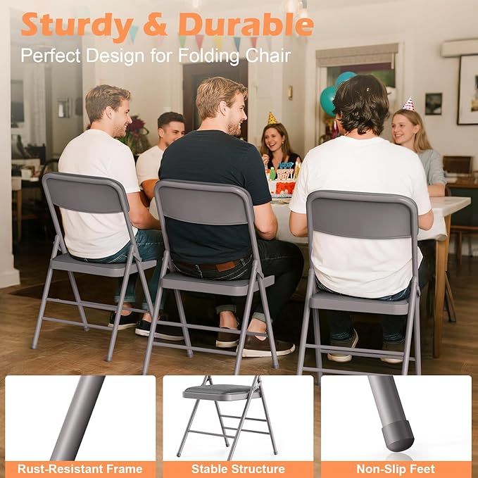 Commercial Grade Folding Chair with Padded Fabric Cushion（16"X16" |Double-hinged Legs Luxury Style|4.5kg Capacity Max Weight 150Kg for Home and Office,Indoor and Outdoor Events (2, PU-Gray)
