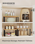 SONGMICS Cabinet Organizer Shelf, Set of 3 Kitchen Counter Shelves, Kitchen Storage, Spice Rack, Stackable, Expandable, Ink Black and Natural Beige UKCS014YL03