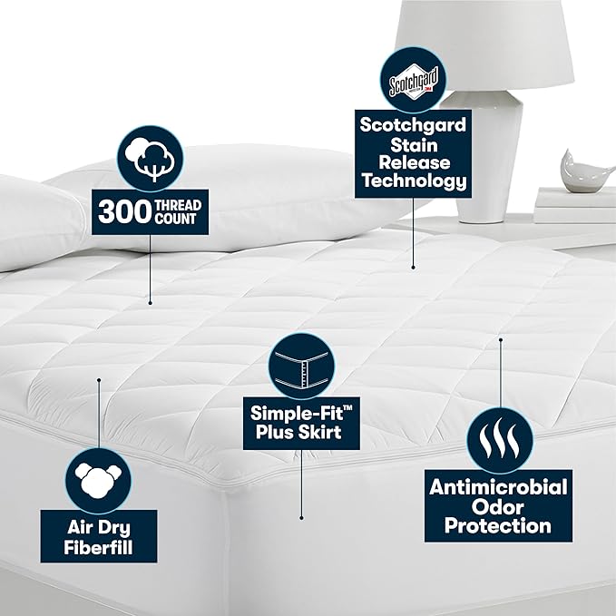 Serta Air Dry Extra Comfort Plus 100% Cotton Fabric Quilted Mattress Pad, Cooling and Breathable Mattress Cover, Moisture Wicking Protection with 18" Deep Pocket, Twin, White