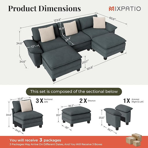 123-Inch U Shaped Sectional Sofa with Cloud Cushions, Deep Seat Modular Couch Set w/ 5 Seats & 2 Ottomans, Removable Arms, Plush Chenille Upholstery for Living Room, Apartment - Cyan
