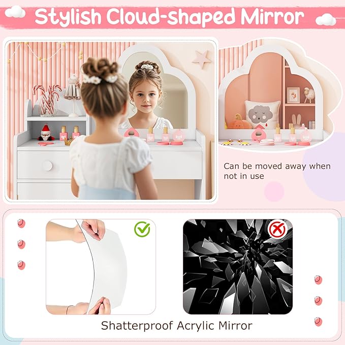 Costzon Kids Vanity, 2 in 1 Girls Vanity Set with Mirror, Drawers, Storage Shelf & Cabinet, Makeup Vanity Desk Dressing Table, Kids Vanity Table and Chair Set for Little Girls (White)