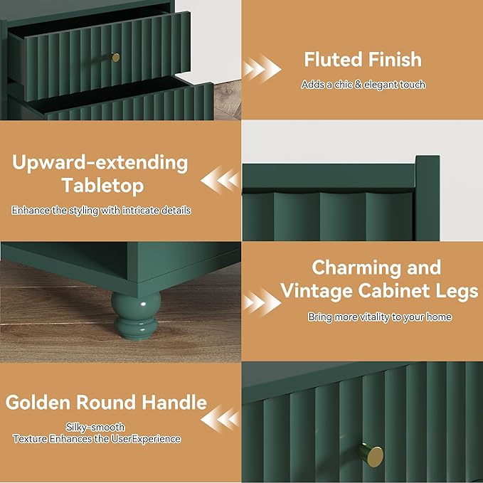Modern Nightstand, Fluted End Table with 2 Drawers, Nightstand with Open Shelf for Bedroom (1, Green)