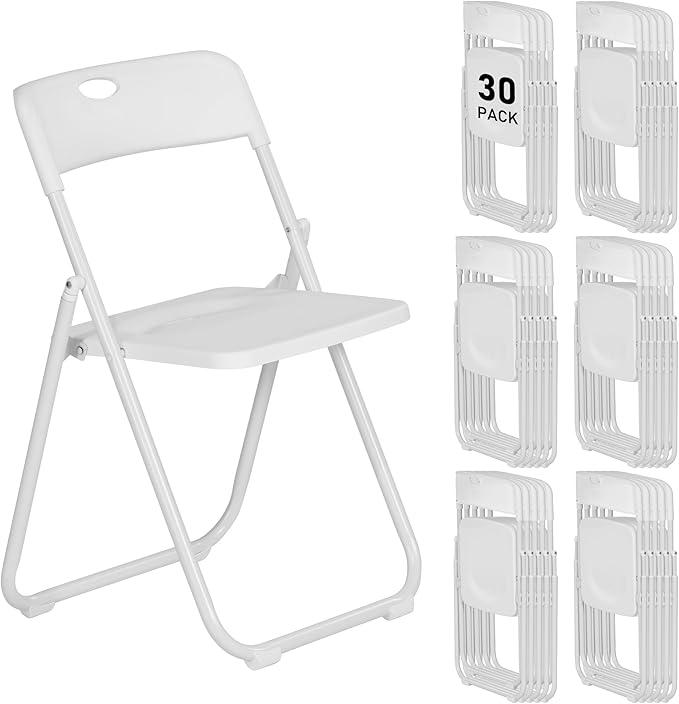 30 Pack White Plastic Folding Chairs, Indoor Outdoor Portable Stackable Commercial Seats with Steel Frame for Home Office Wedding Party Events Kitchen Dining, 350lb Capacity