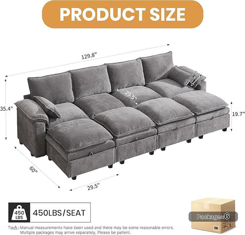 130" U Shaped Modular Sectional Sofa, Couch with Ottoman Storage, Chenille Cloud Couch with Plush Deep Seating for Living Room, Bedroom (8 Seat, Light Grey)