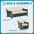 3 Pieces Outdoor Patio Conversation Furniture Set - 75" 3-Seat Sofa | 2 Swivel Glider Rocker Chairs | Wicker End Table, Metal Wicker Couch, Deck (Beige and Brown Stripe)