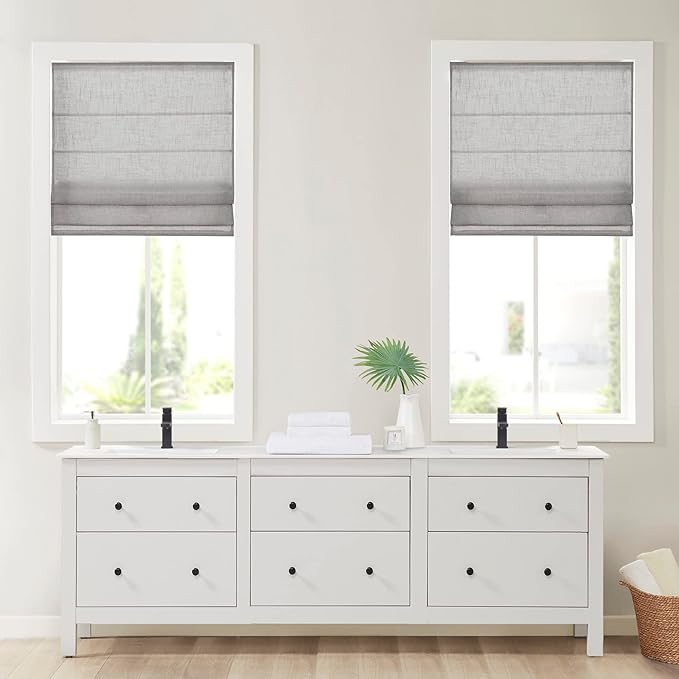 Madison Park Kyler Cordless Roman Shades - Single Panel, Lightweight Linen Blend Fabric, Natural Design, Easy Installation, Light Filtering Window Blind, Bedroom, Living Room Decor 31" W x 64" H Grey