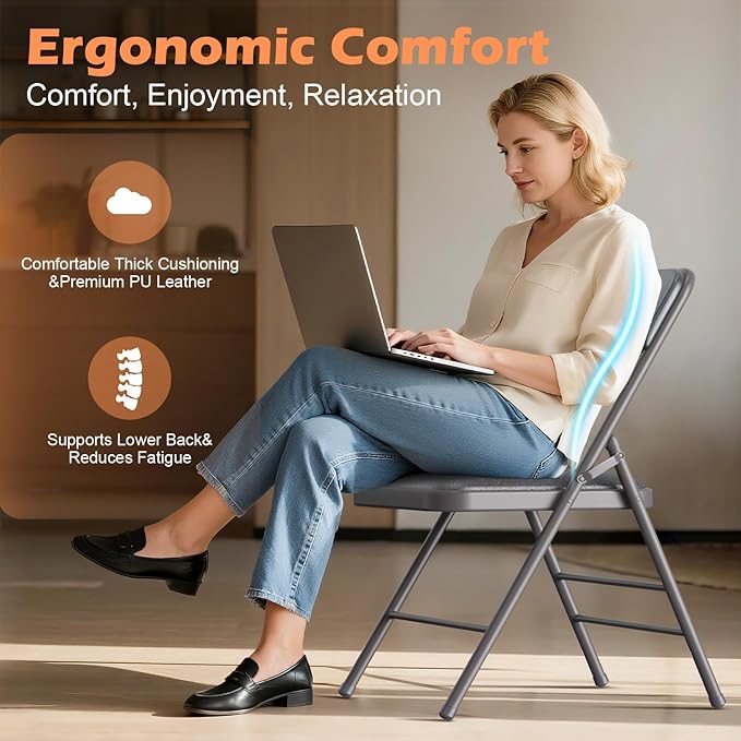 Commercial Grade Folding Chair with Padded Fabric Cushion（16"X16" |Double-hinged Legs Luxury Style|4.5kg Capacity Max Weight 150Kg for Home and Office,Indoor and Outdoor Events (2, PU-Gray)