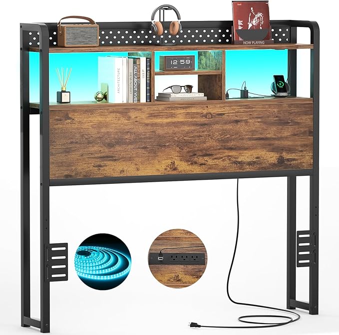 Unikito Headboard for Twin Size Bed with Storage Shelf, Head Board with 3 Outlets and 2 USB Ports, Headboards with RGB LED Light, Height Adjustable, Sturdy and Stable, Easy Assembly, Rustic Brown