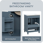 24 Inch Bathroom Vanity with Sink, Freestanding Bathroom Sink Cabinet with 3 Drawers and Storage Door Rack Organizer, Solid Wood Legs, Blue Gray