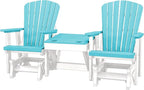 DutchCrafters Slat Fan Back Double Poly Adirondack Glider Outdoor Patio Chairs with Center Table (White & Aruba Blue)
