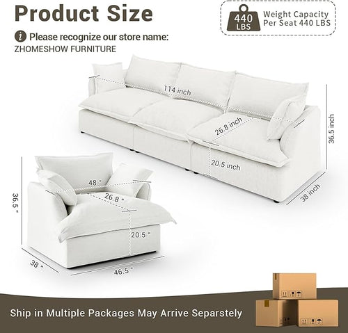 114” Oversized Modular Sectional Sofa, Comfy Down Fill Cloud Couch, 3 Seater Modular Sofa Couch with One Single Seat, Convertible Sectional Couches for Living Room, Linen, Cream White