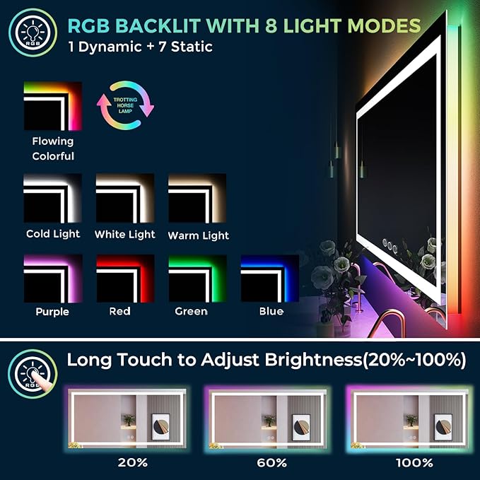 84x40 Inch RGB LED Bathroom Mirror Front Light and RGB Backlit Lighted Vanity Mirror for Bathroom Wall Mounted Dimmable Anti Fog Memory Shatter-Proof IP54 Waterproof Horizontal/Vertical