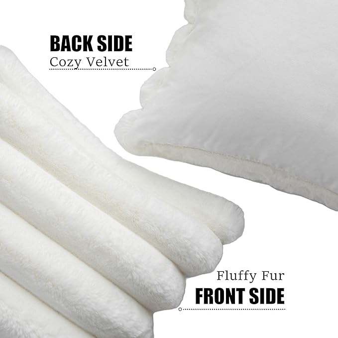 Neelvin Cream White Faux Fur Cozy Soft Striped Decorative Throw Pillow Covers 22x22 inch Set of 2,Velvet Pillowcase Cushion Case for Sofa Couch