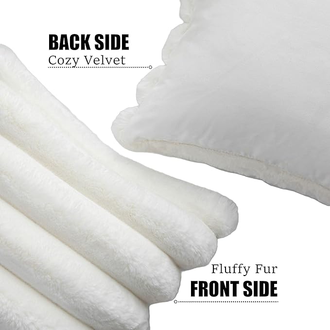 Neelvin Cream White Faux Fur Cozy Soft Striped Decorative Throw Pillow Covers 20x20 inch Set of 2,Velvet Pillowcase Cushion Case for Sofa Couch