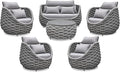 Rope Outdoor Patio Furniture Set: 6 Pieces Aluminum Porch Conversation Sofa Set - Modern Hand Woven Deck Couch Set Cushioned - No Assembly All Weather for 660lbs Yard Garden Lanai Hotel, Gray