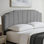 Upholstered Headboard Adjustable Height Queen/King Headboard Cream Velvet Tufted Modern Vertical Channel Design with Stepped Silhouette Top Edge(Grey Queen)