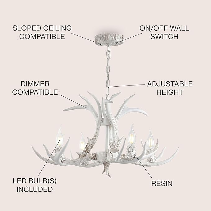 JONATHAN Y JYL6301B Eldora 26" Adjustable Resin Antler 4-Light LED Chandelier, Glam, Rustic,Cottage,Transitional, Dimmable Dining Room, Living Room, Kitchen, Foyer, Bedroom, White