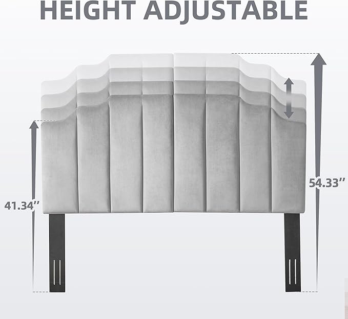 Velvet Upholstered Headboard Queen, Tufted Headboard, Elegantly Curved headboard only, Soft Padded headboards Queen Size, Modern Vertical Channel Design Head Board, Soft Grey