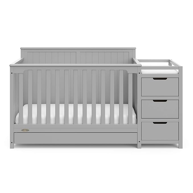 Graco Hadley 5-in-1 Convertible Crib & Changer (Pebble Gray) – GREENGUARD Gold Certified, Fits Standard Crib Mattress, Converts to Toddler Bed and Full Bed, 4 Adjustable Mattress Heights