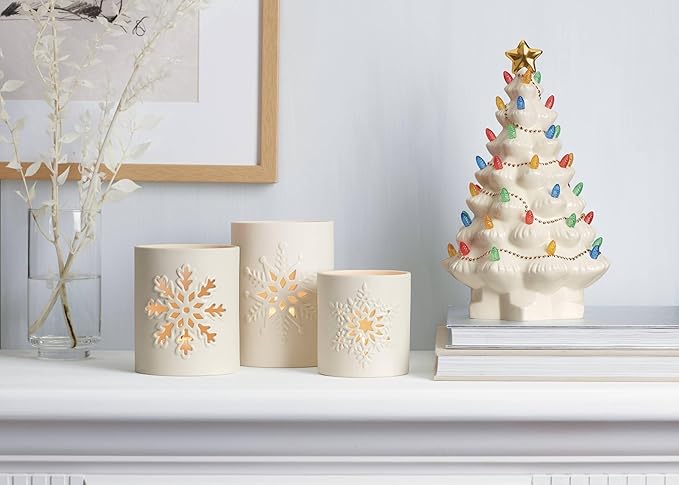 Lenox Figurine, Treasured Traditions Ivory Light-Up Ceramic Christmas Tree Figurine, Christmas Decorations, Holiday Winter Decor Indoor (Ivory, 1 Piece, 8.82-Inch Height) 3 AAA Batteries Not Included