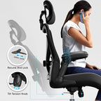 Ergonomic Office Chair-Computer X-Shaped Chair Mesh PU Leather with Adjustable Lumbar Support-Executive Desk Chair High Back with Headrest Flip-Up Arms for Long Hours (Black)