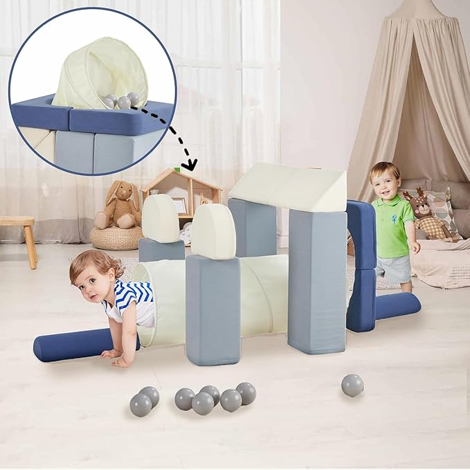 Asweets Kids Play Couch with Tunnel and Balls, Play Couch for Toddlers, Kids Foam Convertible Play Building Fort for Christmas and New Year, Blue