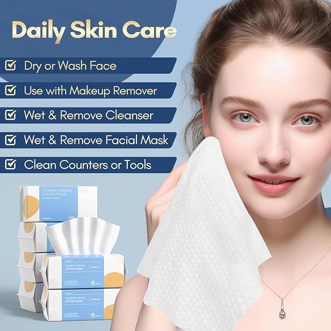 PoeticEHome Face Towel Disposable - Ultra Soft Cotton Tissue Dry Wipes - Lint Free Facial Cleansing Cloths