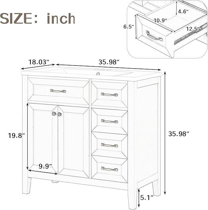 Favfurish 36" Bathroom Vanity with Sink Combo,Bathroom Vanity Cabinet with Two Soft-Closing Doors and Four Drawers,Free Stading Vanities w/Modern Design,for Bathroom,Easy Assembly,White