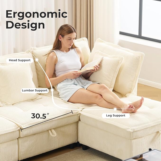 103" Modular Sectional Sofa, L-Shaped Corduroy Comfy Sectional Couches for Living Room, 3-Seater Cloud Couches with 1 Ottoman, Modern Deep Seat Sofa with Large Storage, Corduroy Beige