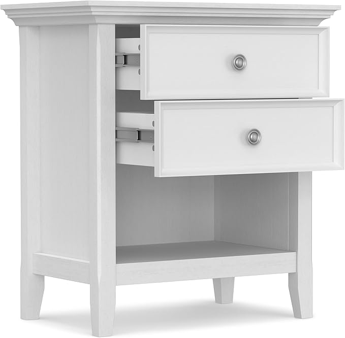 SIMPLIHOME Amherst Bedside Table - 24 inch Wide Solid Wood Nightstand Table in White, Transitional Bedroom Side or End Table with 2 Drawers, Open Storage Shelf and Bronze Hardware