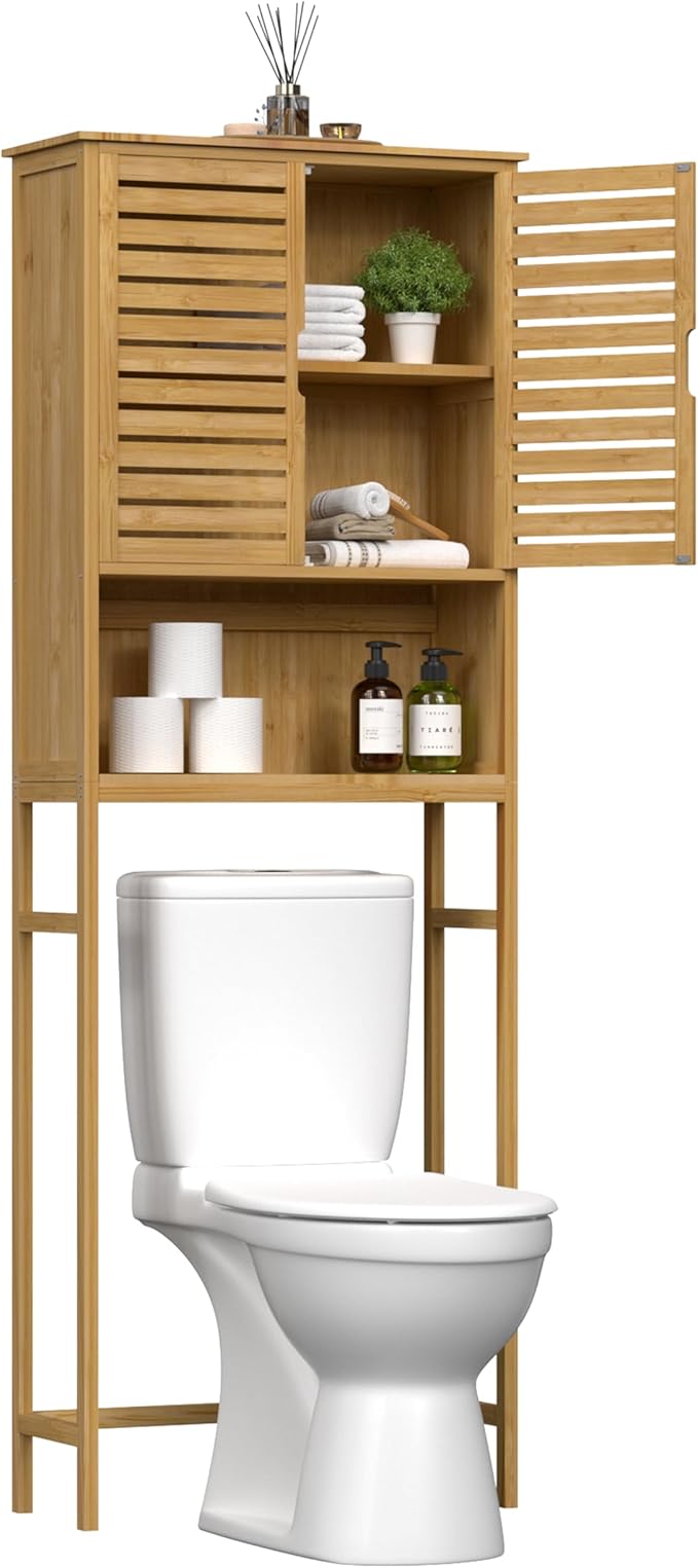 Over-The-Toilet Storage Shelf with Doors, Bathroom Freestanding Bamboo Organizer Space Saver with Adjustable Shelf, Natural