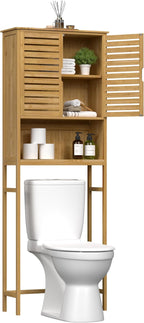 Over-The-Toilet Storage Shelf with Doors, Bathroom Freestanding Bamboo Organizer Space Saver with Adjustable Shelf, Natural