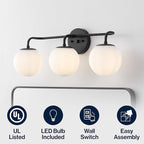 JONATHAN Y JYL3536B Louis Parisian Globe 25" 3-Light Metal/Frosted Glass Modern Contemporary LED Vanity Light Midcentury, Glam, Transitional, Bathroom, Powder Room, Dressing Room, Bedroom, Black