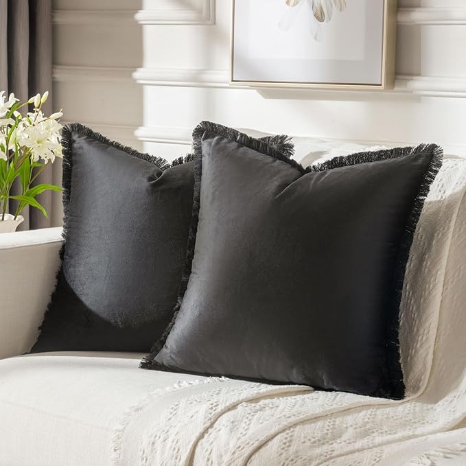 FUTEI Black Velvet Decorative Throw Pillow Covers 16x16 Set of 2,Soft Cozy Edge with Tassels Cushion Case,Boho Modern Home Decor for Couch Bed Living Room