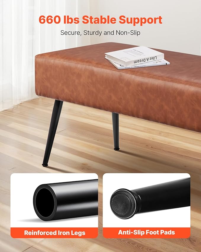 VEVOR Leather Bedroom Bench, PU Leather Bench with Metal Legs and with Stitching for Entryway, Upholstered Shoe Bench Seat, Modern End of The Bed Benches for Living Room, Dining Room, Hallway, Brown