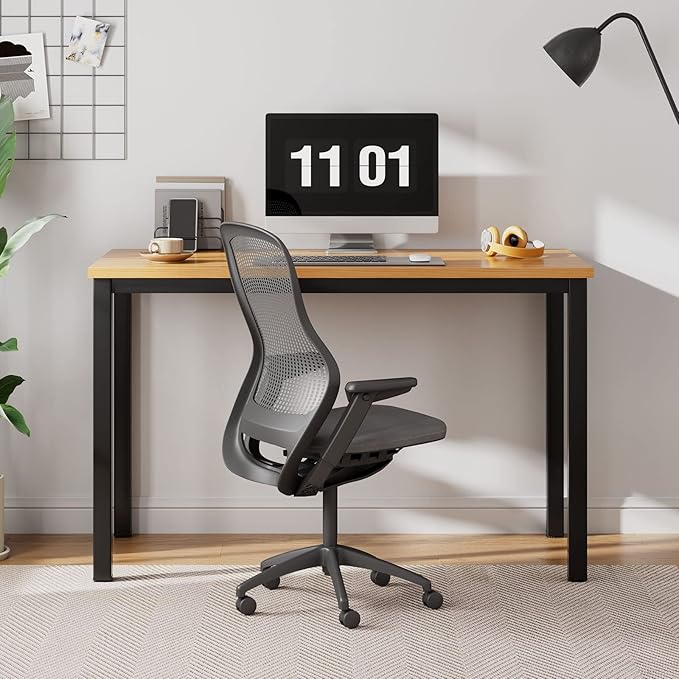 Need Small Desk, 39.4 inches Sturdy Writing Desk for Small Spaces, Teens Computer Desks Study Table Laptop Home Ofice, Black Metal Frame, Teak