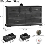 Farmhouse 7 Drawers Dresser for Bedroom, 57" Wide Modern Chest of Drawers with Deep Drawers & Bar Handles, Rustic Wood Dresser TV Stand, Wooden Closet Storage Organizer for Living Room, Hallway, Black